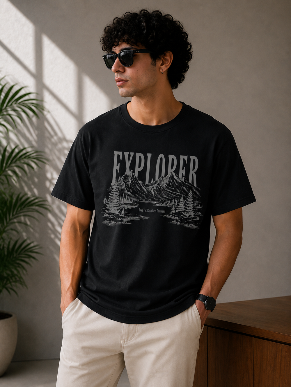 Explorer – Midnight Black Tee Premium Oversized Graphic Printed T-Shirt for Men