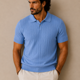 Men's Sky Blue Stripe Knitted Polo Neck T-Shirt | Premium Ribbed Knit Polo