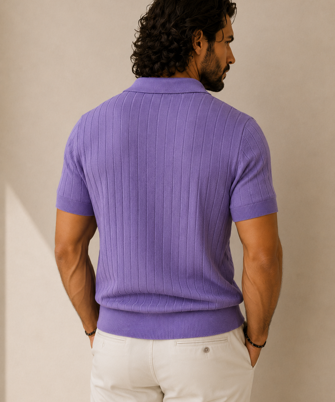 Men's Lavender Stripe Knitted Polo Neck T-Shirt | Premium Ribbed Knit Polo