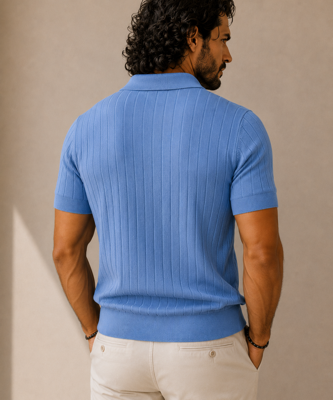 Men's Sky Blue Stripe Knitted Polo Neck T-Shirt | Premium Ribbed Knit Polo
