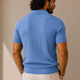 Men's Sky Blue Stripe Knitted Polo Neck T-Shirt | Premium Ribbed Knit Polo
