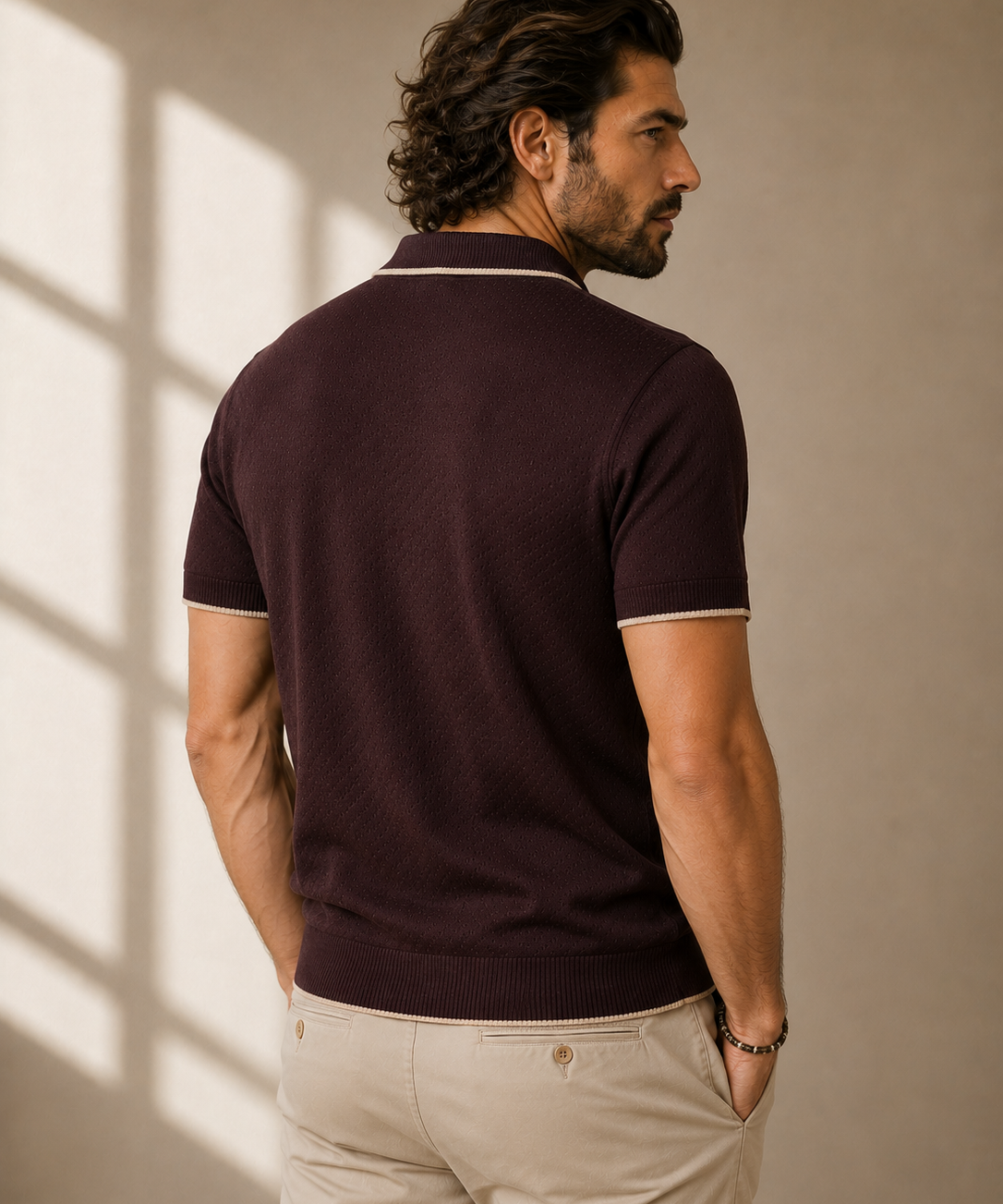 Men's Coffee Brown Dot Knitted Polo Neck T-Shirt | Premium Textured Knit Polo