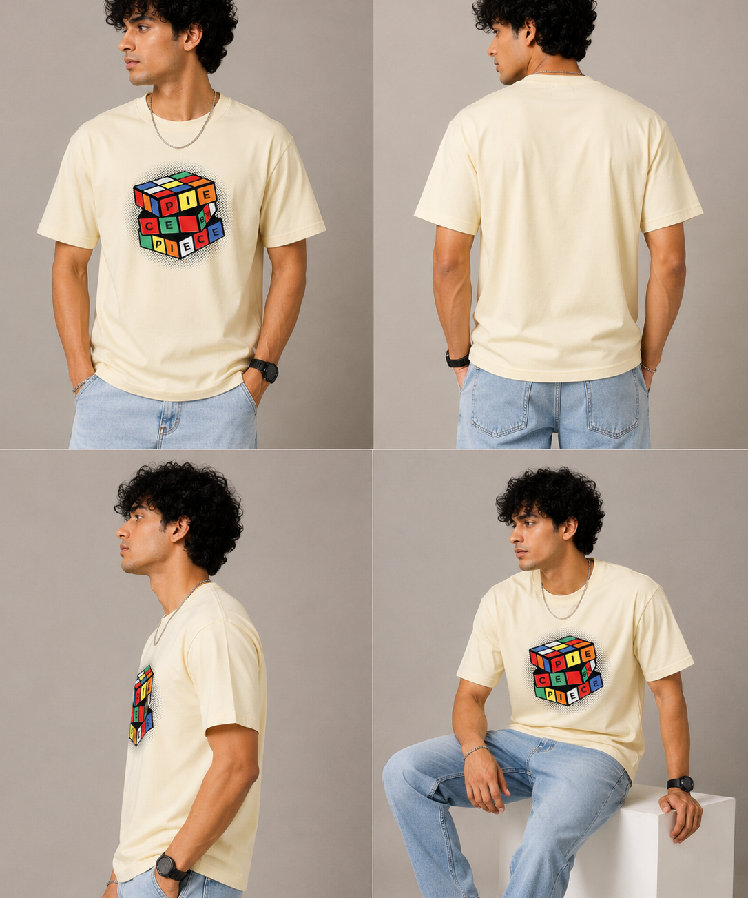 Cube – Cream Beige Tee Premium Oversized Graphic Printed T-Shirt for Men