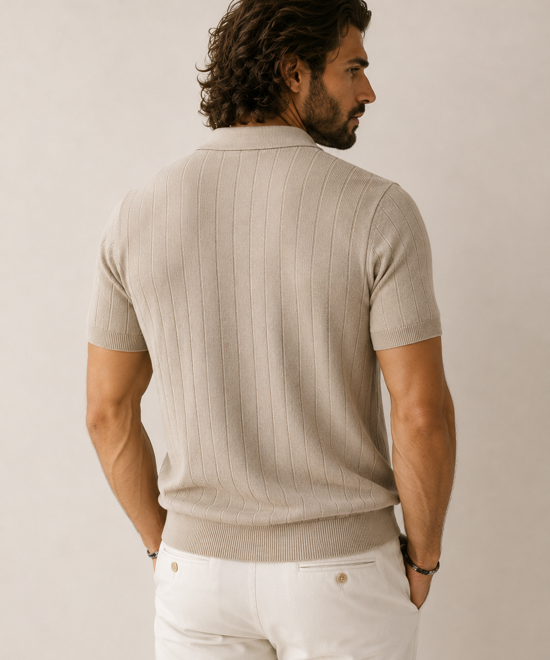 Men's Beige Stripe Knitted Polo Neck T-Shirt | Premium Ribbed Knit Polo