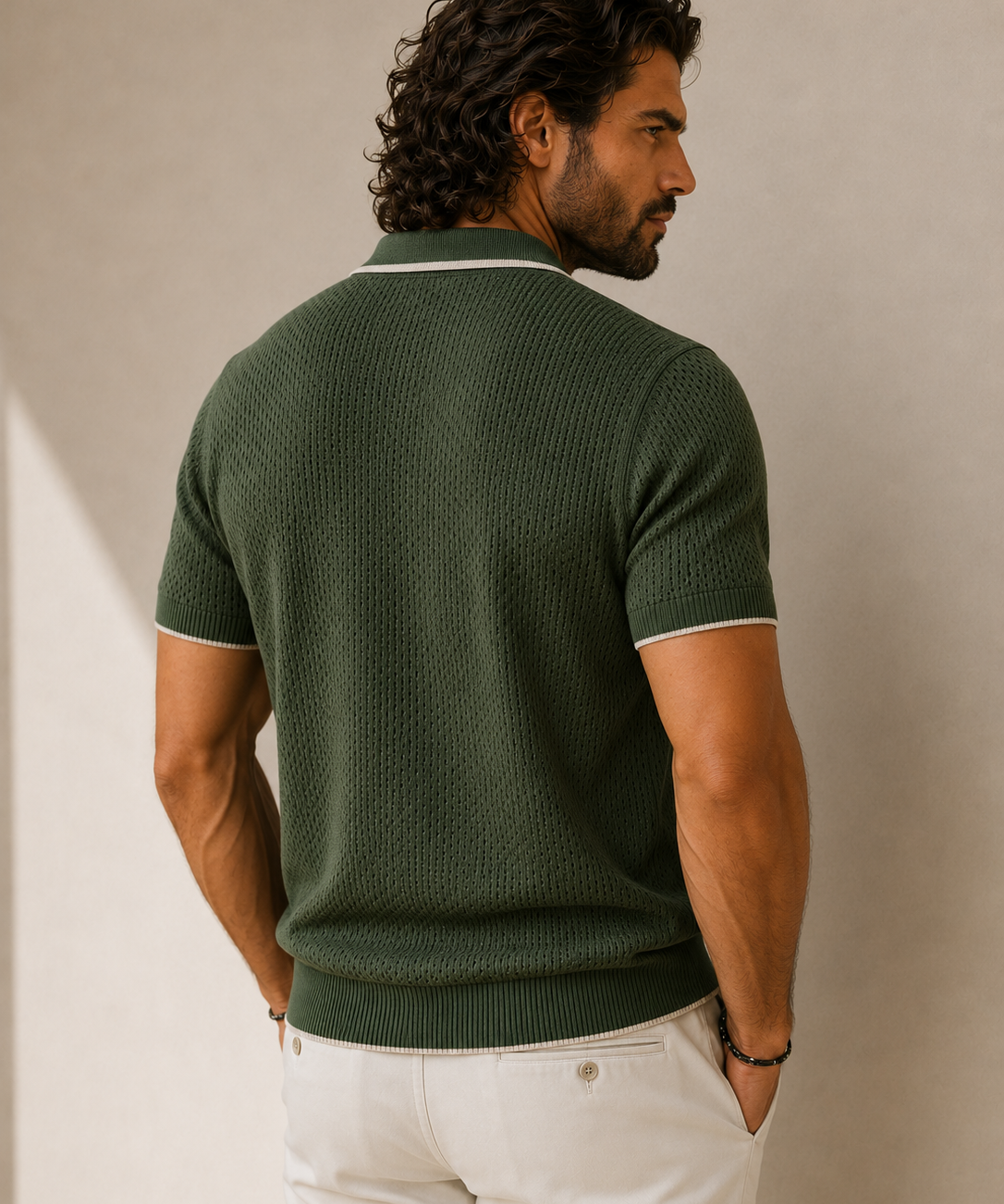 Men's Olive Green Dot Knitted Polo Neck T-Shirt | Premium Textured Knit Polo