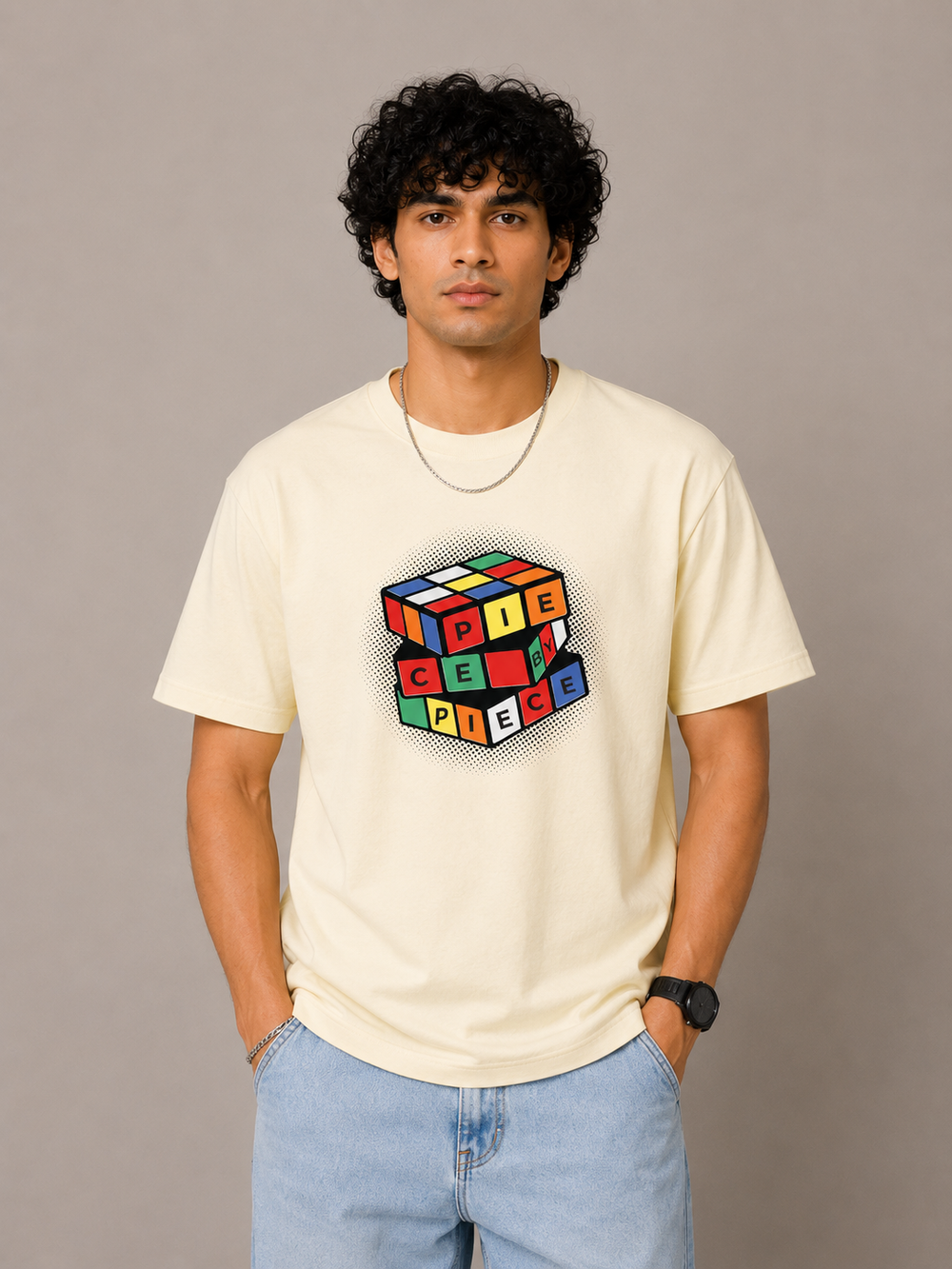 Cube – Cream Beige Tee Premium Oversized Graphic Printed T-Shirt for Men