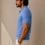 Men's Sky Blue Stripe Knitted Polo Neck T-Shirt | Premium Ribbed Knit Polo