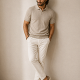 Men's Beige Stripe Knitted Polo Neck T-Shirt | Premium Ribbed Knit Polo
