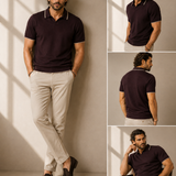 Men's Coffee Brown Dot Knitted Polo Neck T-Shirt | Premium Textured Knit Polo