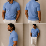Men's Sky Blue Stripe Knitted Polo Neck T-Shirt | Premium Ribbed Knit Polo