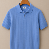 Men's Sky Blue Stripe Knitted Polo Neck T-Shirt | Premium Ribbed Knit Polo