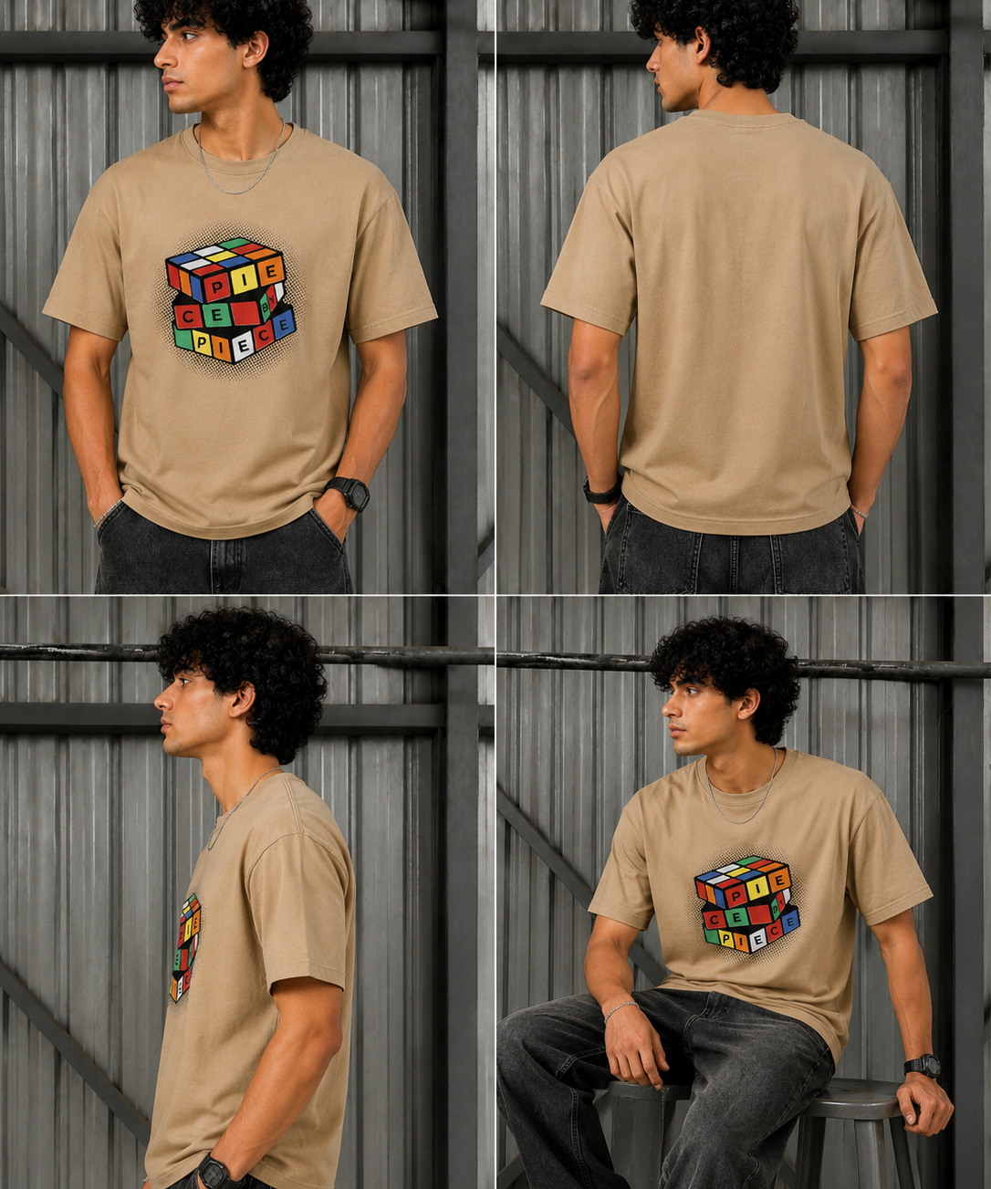 Cube – Sand Beige Tee Premium Oversized Graphic Printed T-Shirt for Men