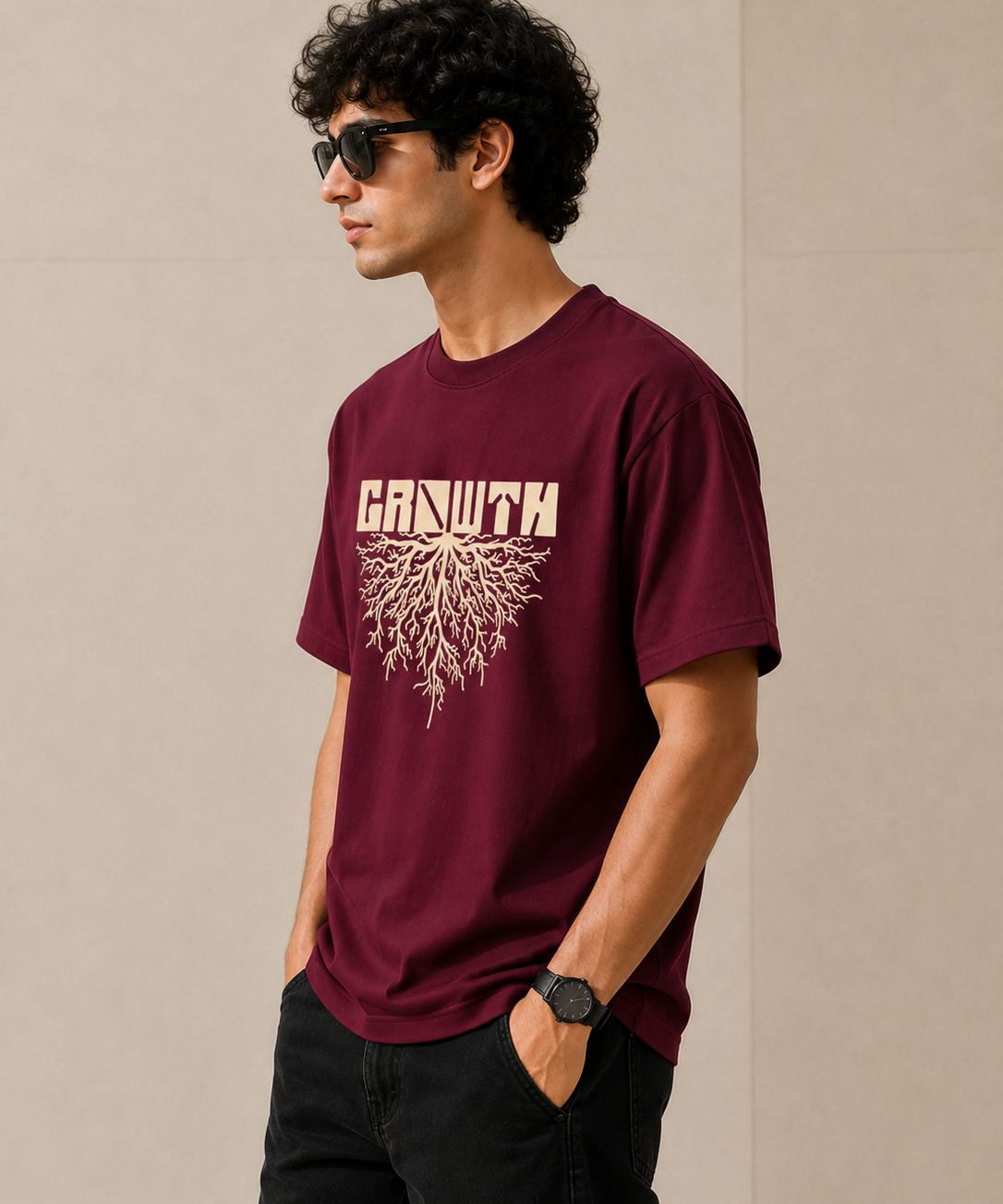 Growth – Burgundy Wine Tee Premium Oversized Graphic Printed T-Shirt for Men